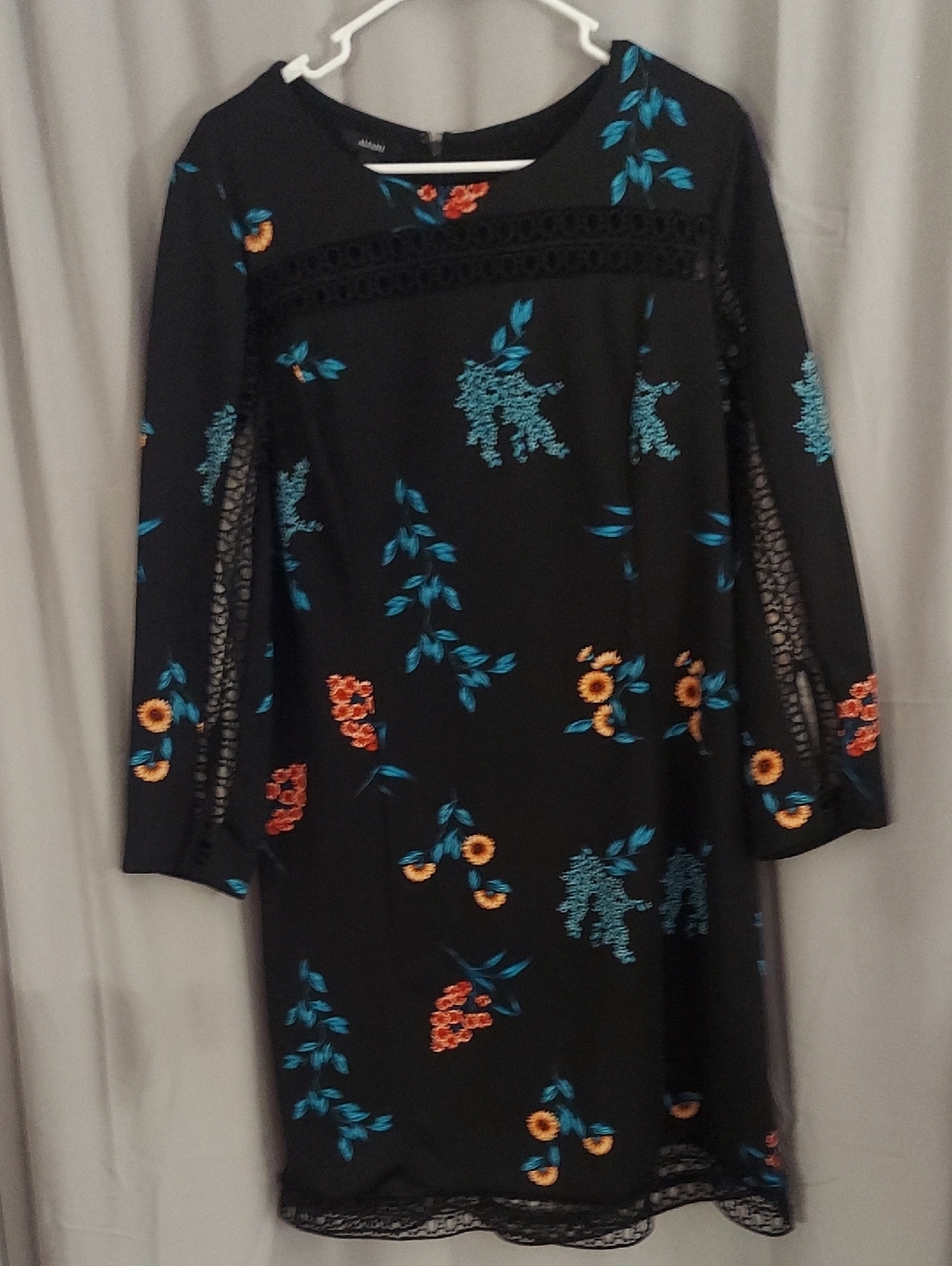 Black Floral Shift Dress with Blue & Orange Accents